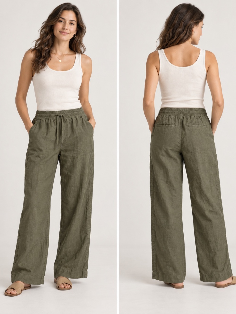 Quince 100% Linen Wide Leg Pull-On Pants – Olive Green